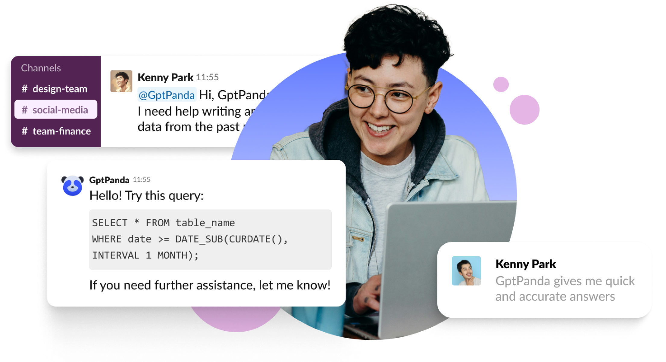 A person sitting with a laptop with open Slack chats and a Slack bot